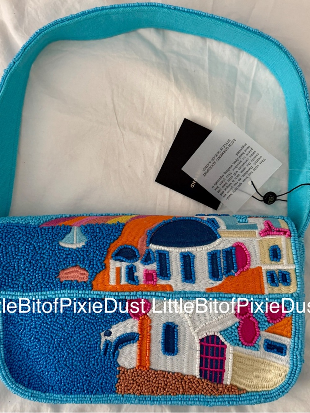 America & Beyond Santorini Beaded Bag – Blue Coastal Scene